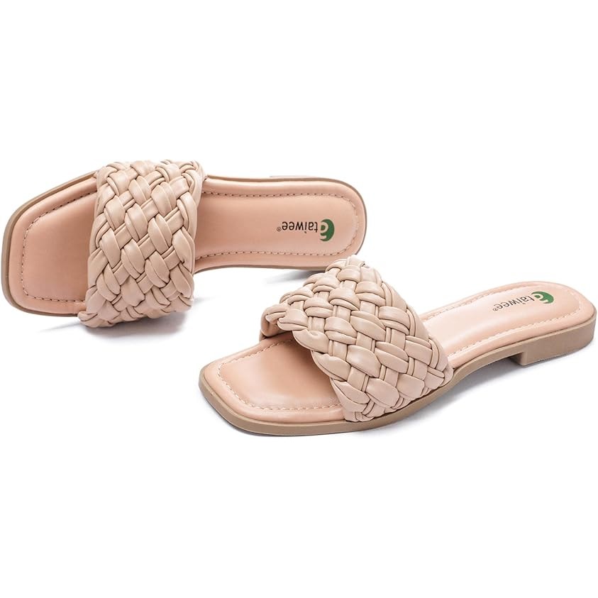 Ataiwee Womens Size 8 Tan Braided Faux Leather Slide On Open Toe Sandal Shoes
