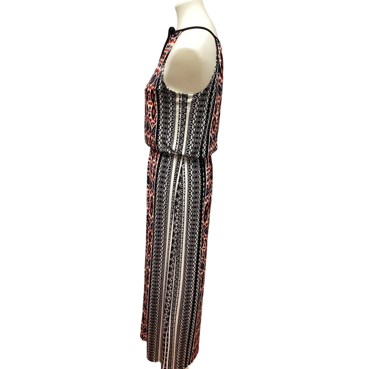 London Times Size 6 Geometric Stripe Sleeveless Front Tie Polyester Maxi Dress