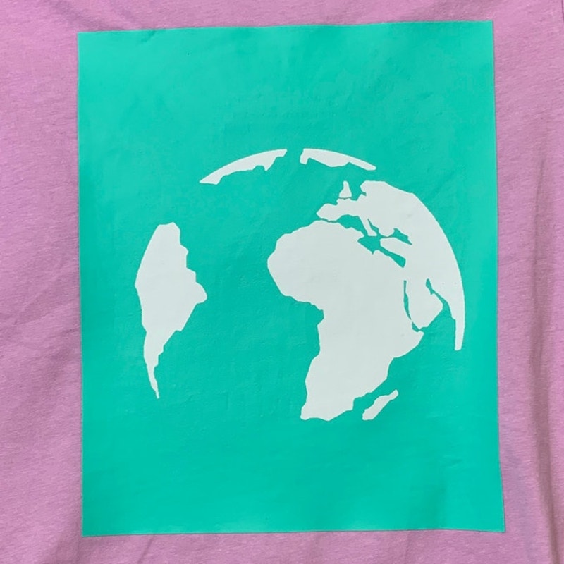 New Upcycled Hand Printed Youth Large 10/12 Purple Save Earth Short Sleeve Tee