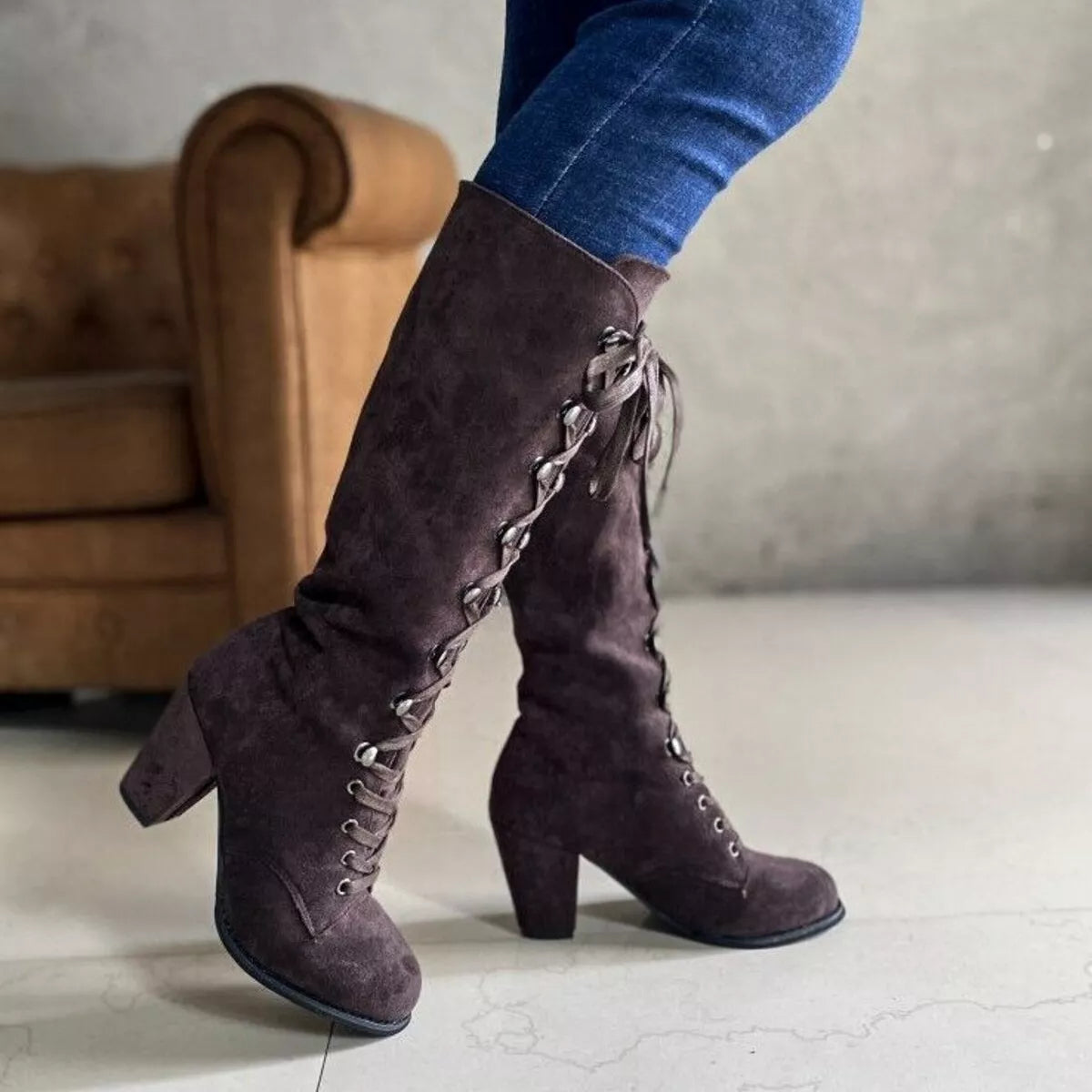 Lace Up Block Heels Boots