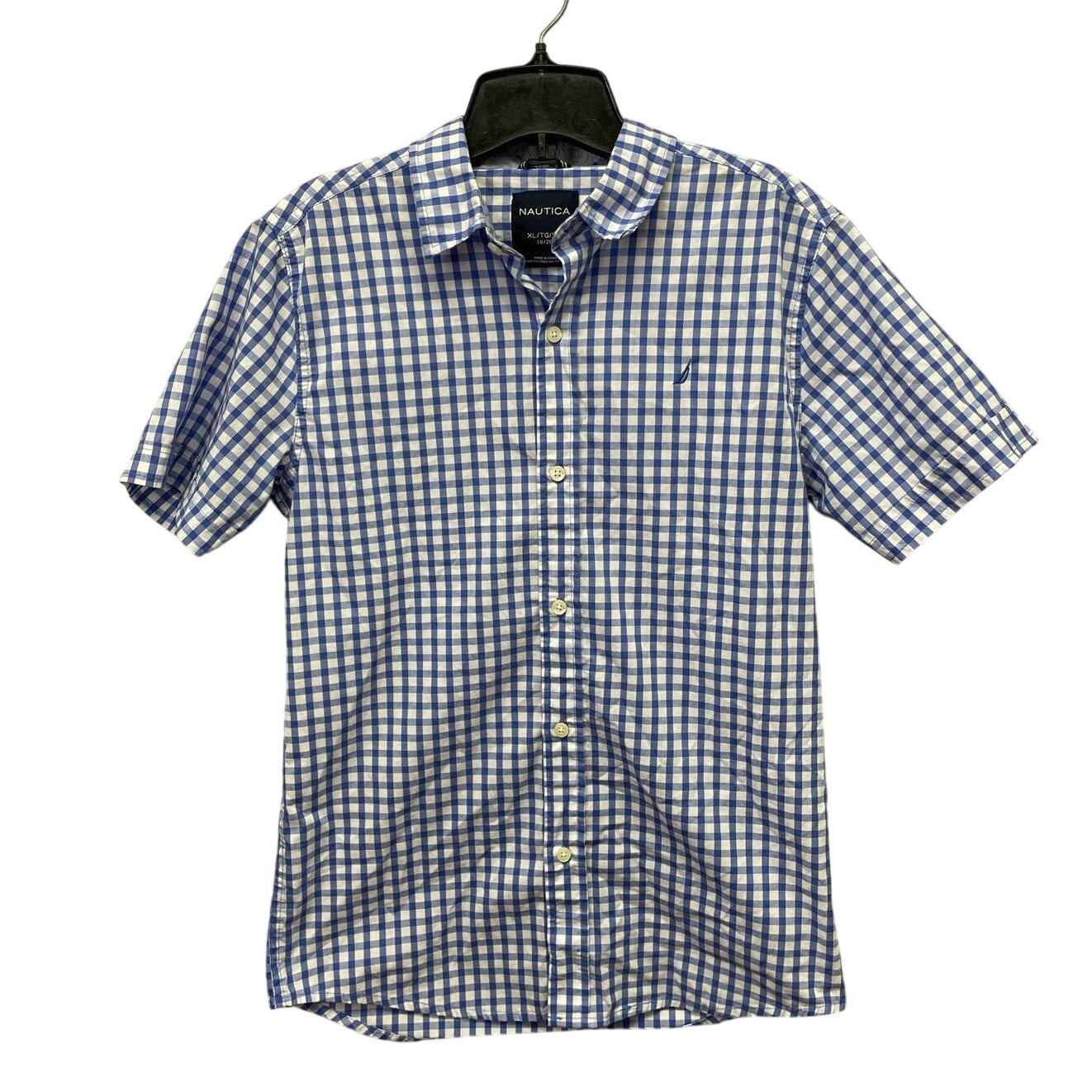 Nautica Boys XL (18/20) Short Sleeve White Blue Plaid Button Up Casual Shirt