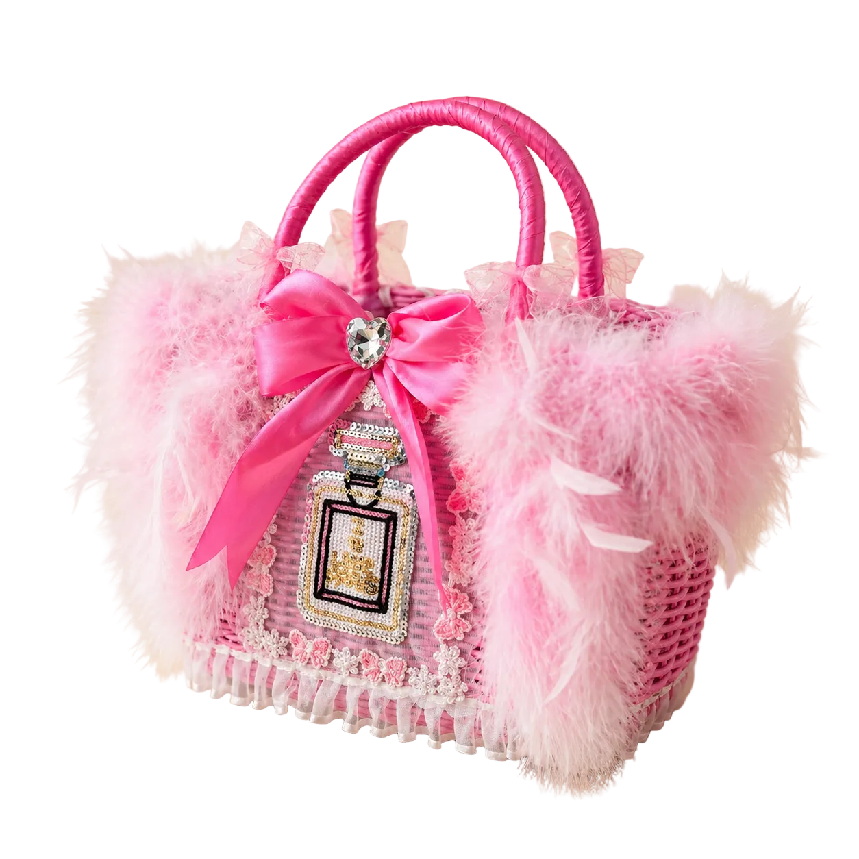 Luxury Pink Feather Pet Carrier Bag with Bow & Crystal Charm – Designer Dog Tote for Small Dogs Cats