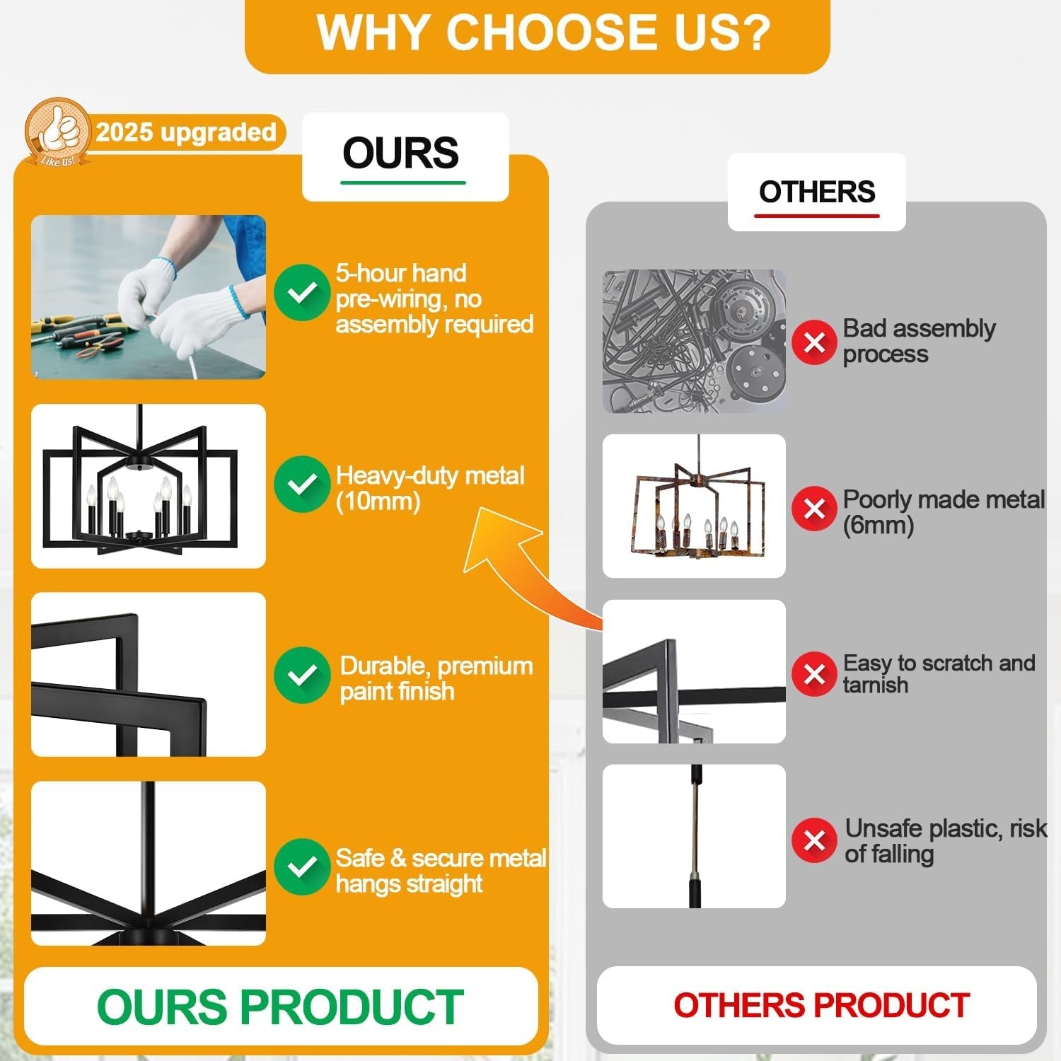 Black 6 Light Chandelier 25 Inch Geometric Square Frame-3