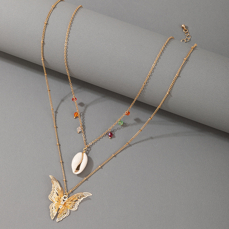 Simple Retro Ethnic Butterfly Shell Color Beads 2 Layer Necklace