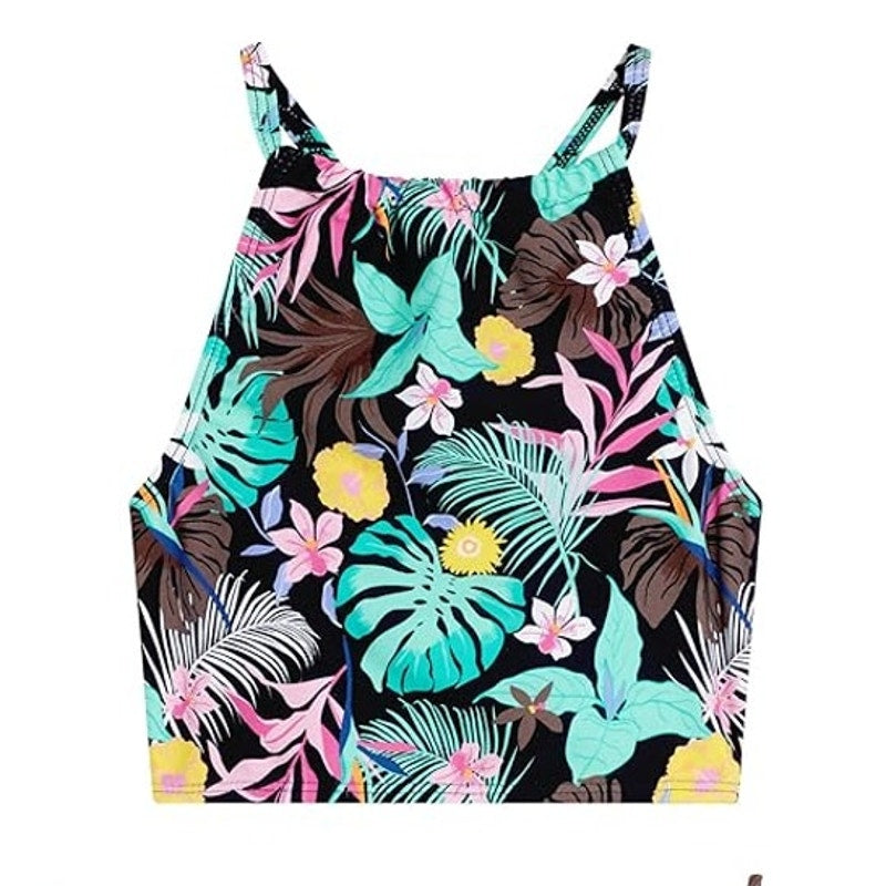 Kanu Surf Girl Size 6 Black Tropical Daisy UPF 50 Beach Halter Tankini Swim Suit