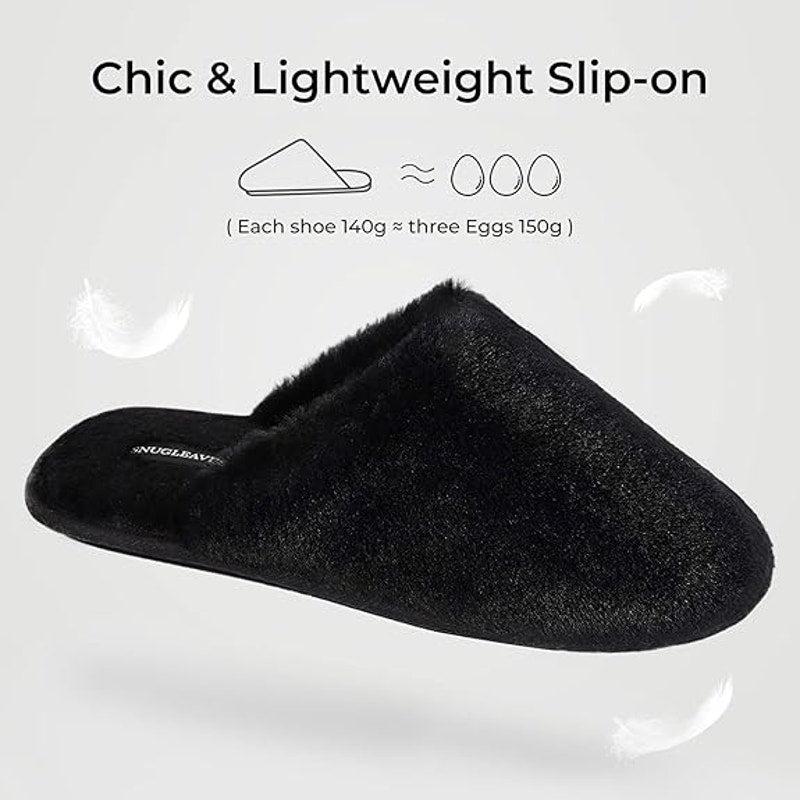 Snug Leaves Womens Size 9-10 Black Fuzzy Slippers Memory Foam Slip On Shoes
