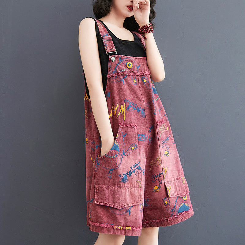 Retro Fashion Print Loose Denim Strap Shorts For Women