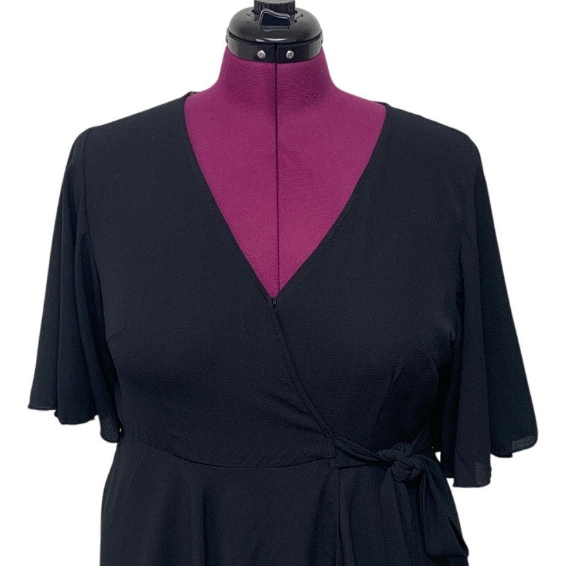 Womens 1X Black 100% Polyester Flowy Half Sleeve Belt Tie V Neck Wrap Top