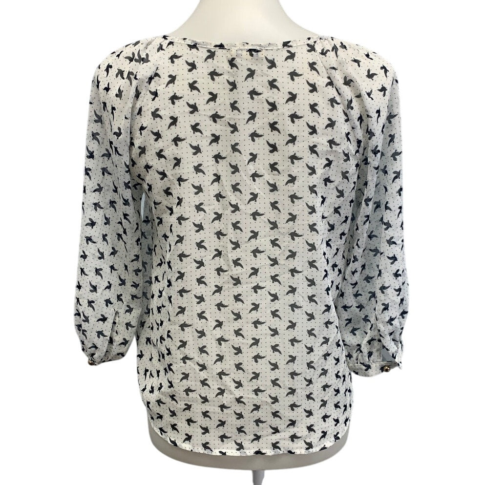 Lily Star Womens Small Sheer Bird Polka Dot Pullover Long Sleeve Blouse