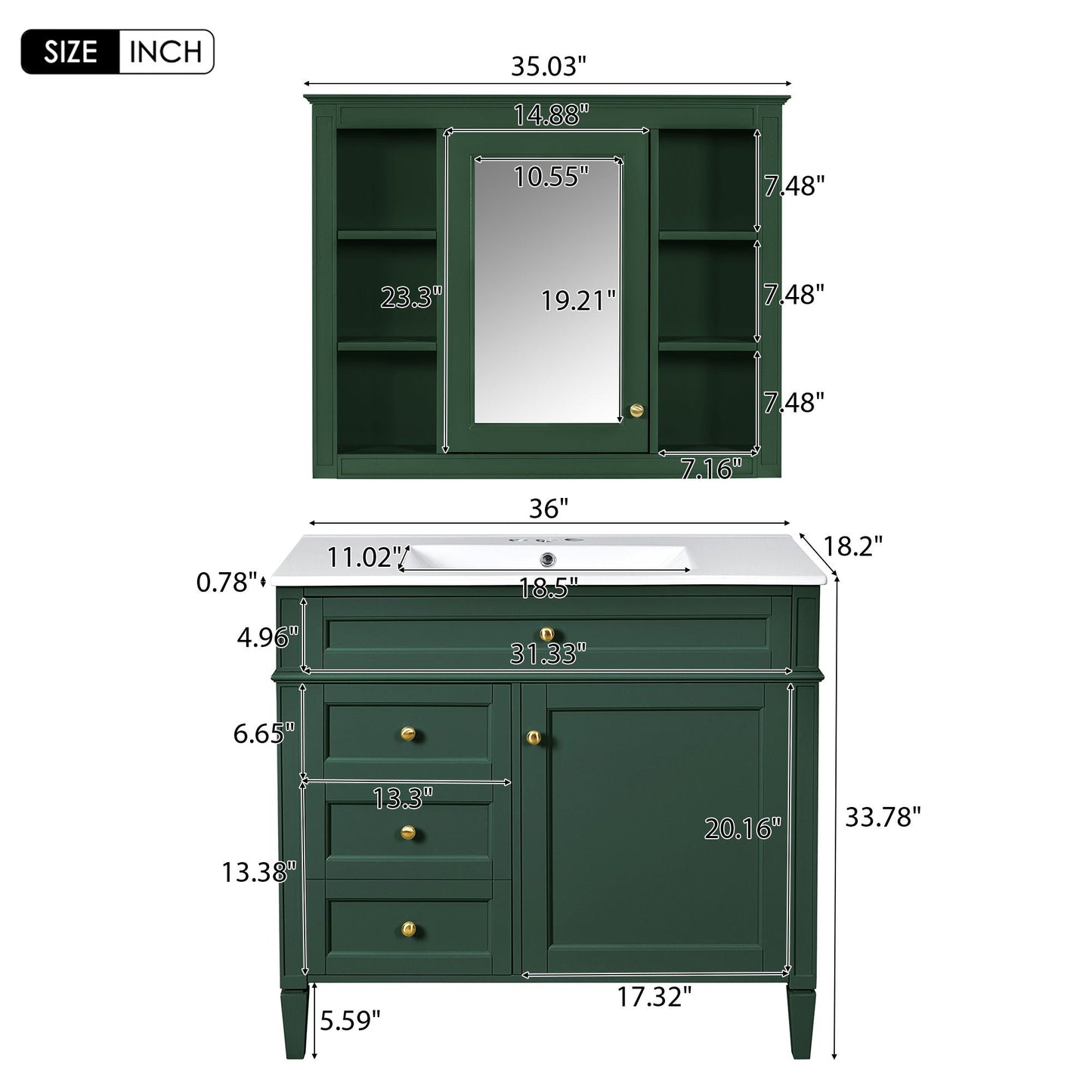 Bathroom Vanity With Mirror Cabinet, Single Sink With 2 Soft Closing Doors And 4 Drawers
