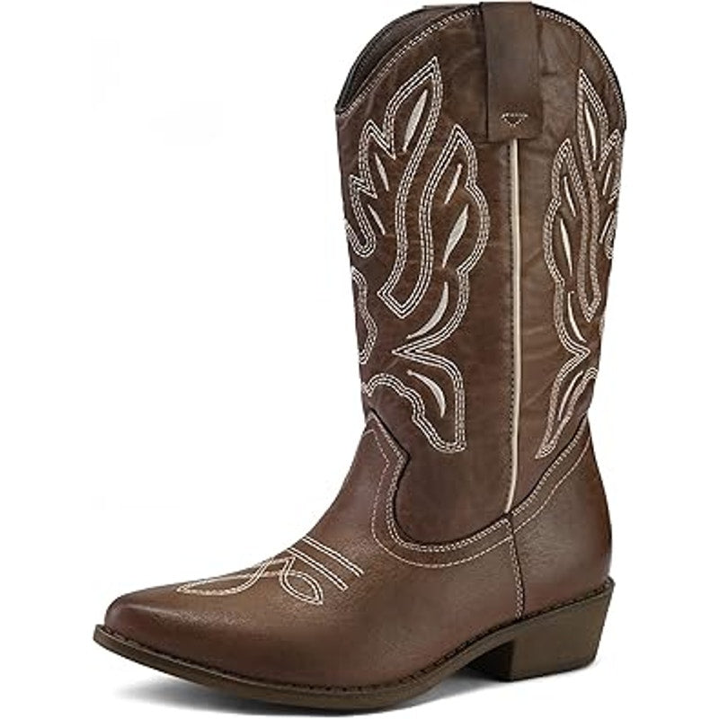 Mysoft Womens Size 9.5 Brown Embroidered 1.5" Chunky Heel Cowboy Western Boots