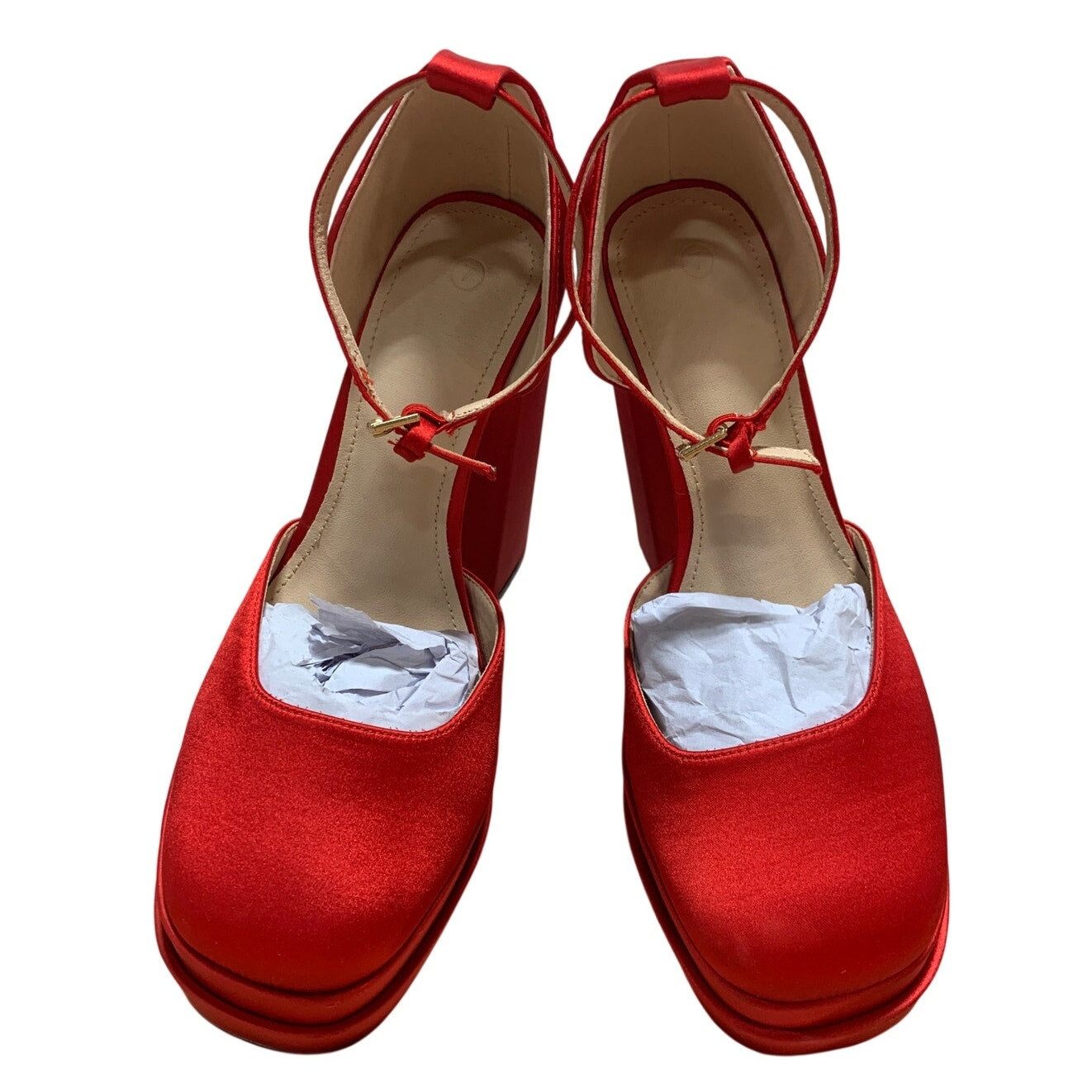 Vetaste Womens Size 7 Red 5.5" Platform Heels Closed Round Toe Ankle Strap Shoes