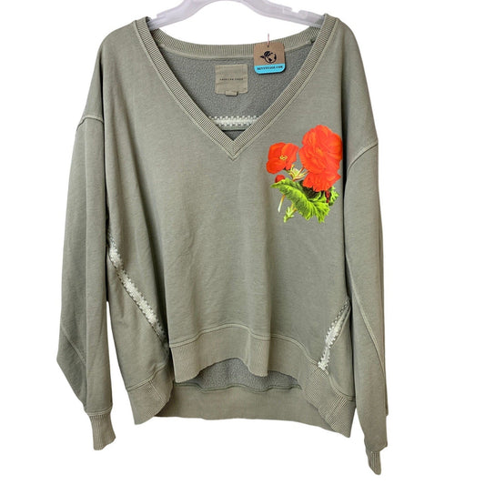 New Hand Printed Womens Oversized Medium Cottage Core Floral V-Neck Sweatshirt