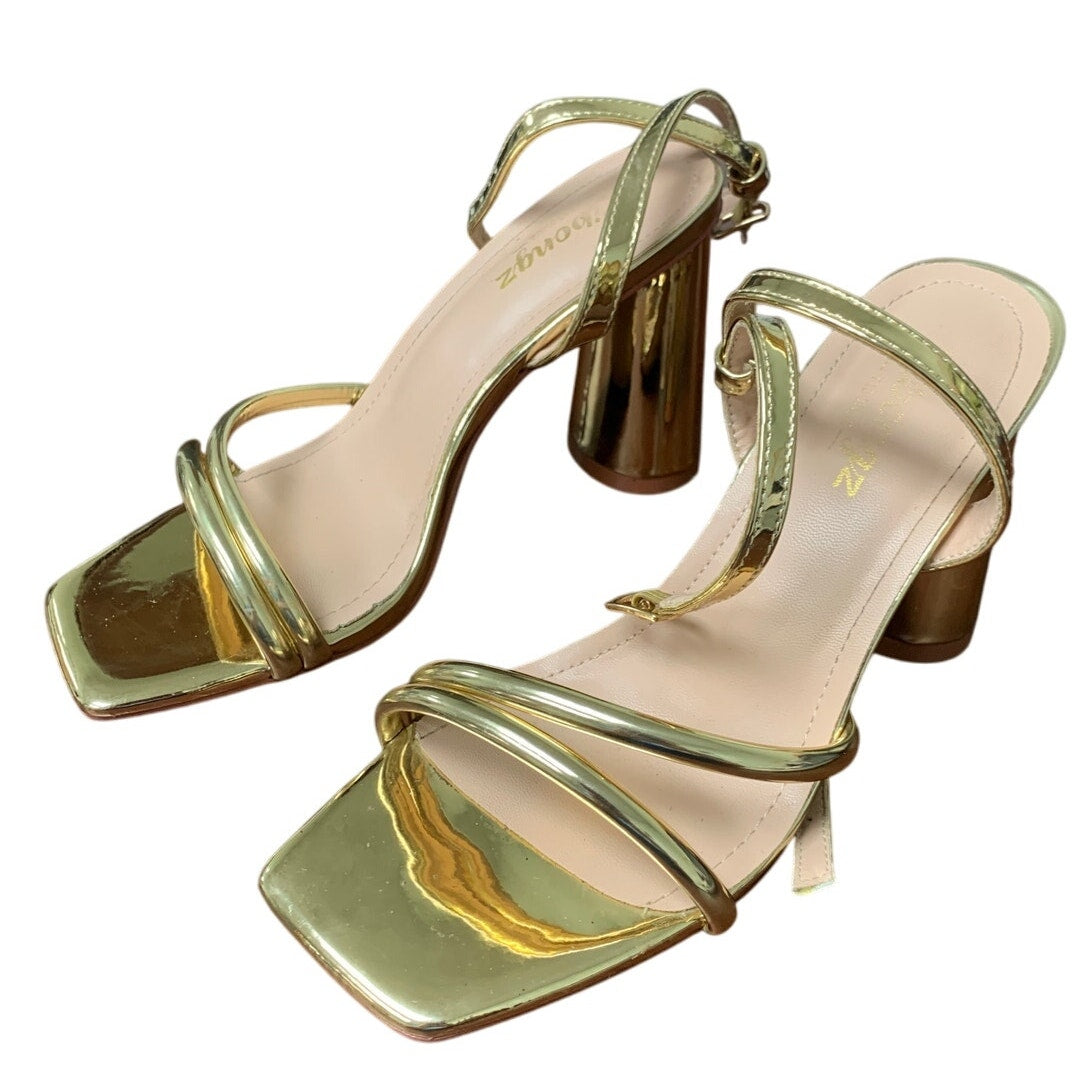 Ribongz Womens Size 6.5 Shiny Gold 4" Block Heel Open Toe Ankle Strap Shoes