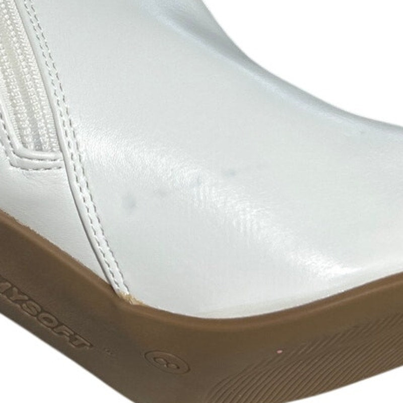 New Mysoft Womens Size 8 White Faux Leather 3" Block Heel Zip Ankle Boots w Flaw
