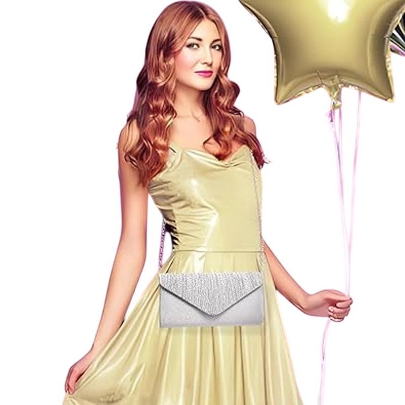 Gray Silver Rhinestone Satin Envelope Evening Optional Chain Clutch Purse