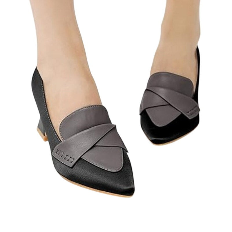 Coutgo Womens 8.5 Black Satin Gray 3" Chunky Block Low Heel Retro Loafer Shoes
