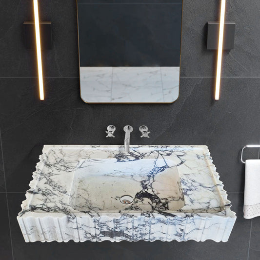 Calacatta Viola Marble Wall-Mount Bathroom Vanity Sink - Fluted U Form 18 by 28 by 6 Inches