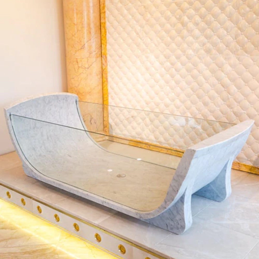 Carrara White Marble Bathtub Polished Tempered Glass Walls 32x79