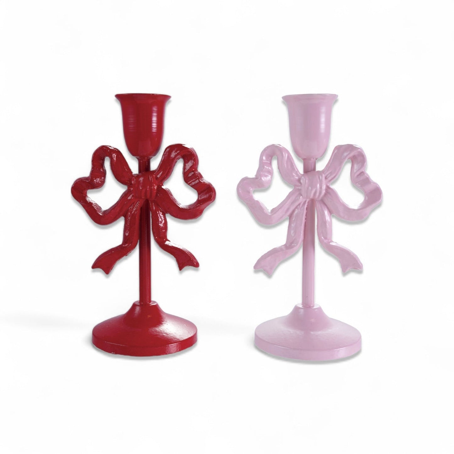 Cast Iron Red & Pink Bow Taper Candle Holders