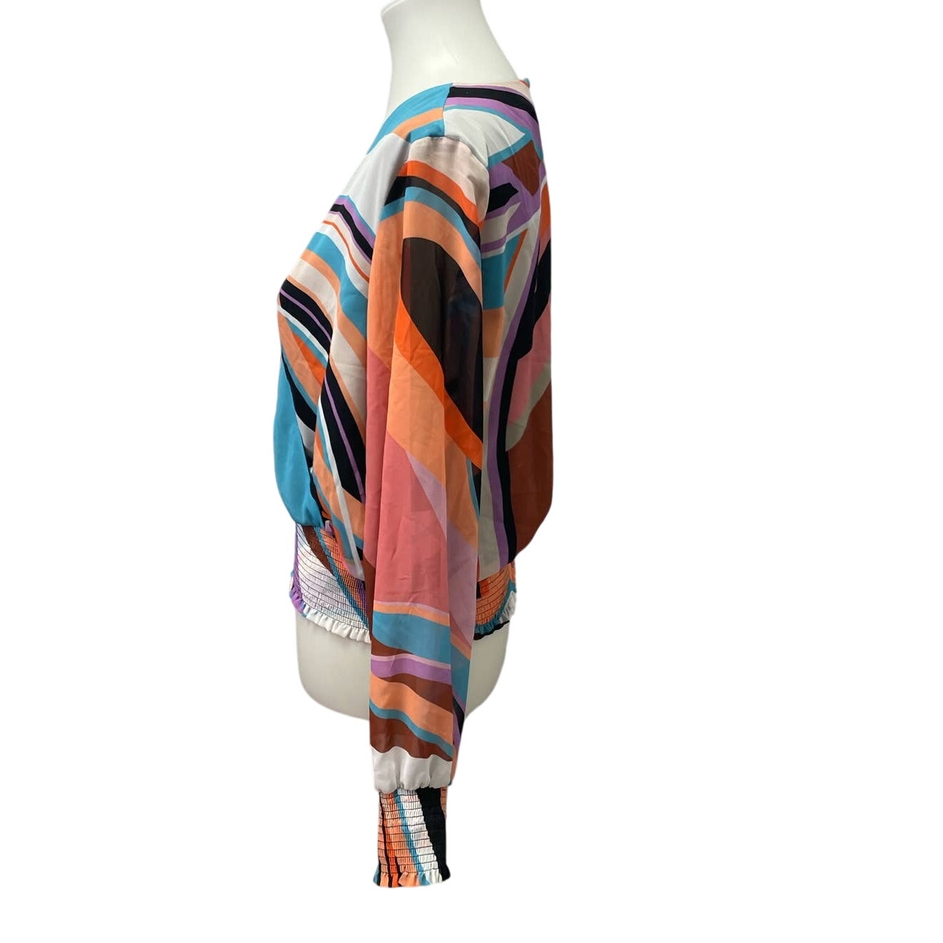 Bar III Womens Medium Long Sleeve Ruched Wrist Gathered Waist Mod Stripe Top