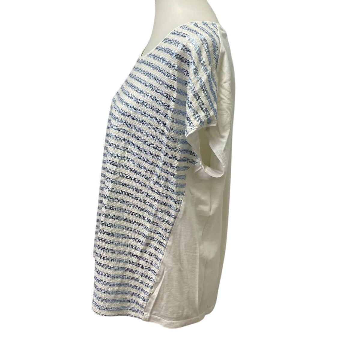 Chico's Size 2 Large Short Sleeve Sequin Striped Scoop Neck Cotton Blend Tee Top