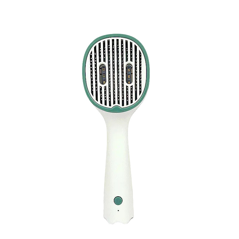 Handheld hair dryer with green and white design on a light gray background