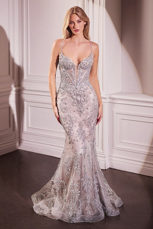 PEARL & LACE EMBELLISHED FIT & FLAR GOWN CDCC2403
