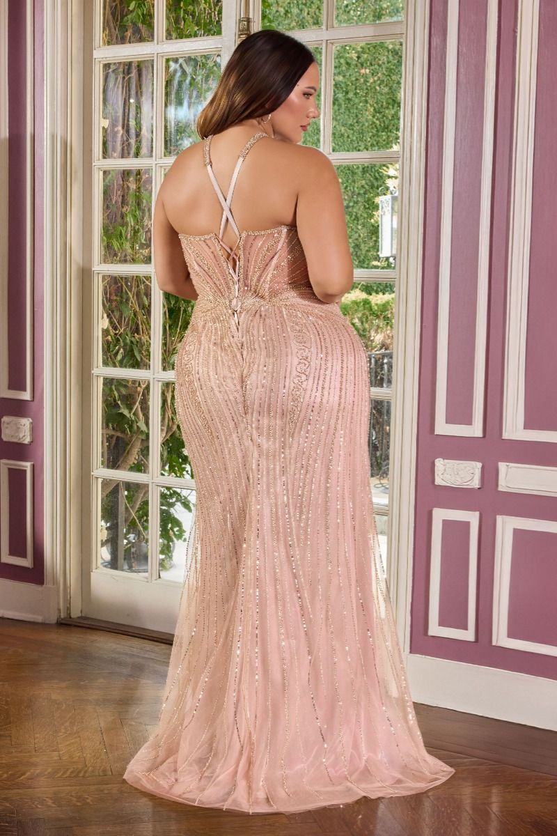Sequins Embellished Long Red Carpet Plus Size Gown w/ Halter Neckline & Lace Up Back CDCC416C