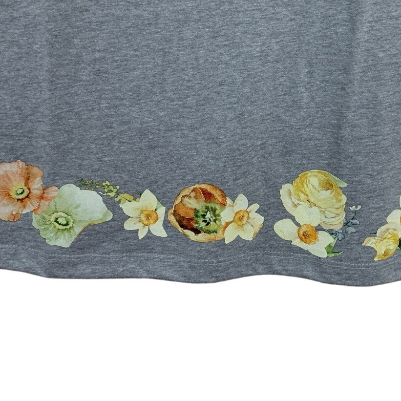 New Hand Printed Large Heathered Gray Floral Wrap Around Short Sleeve Tee Shirt