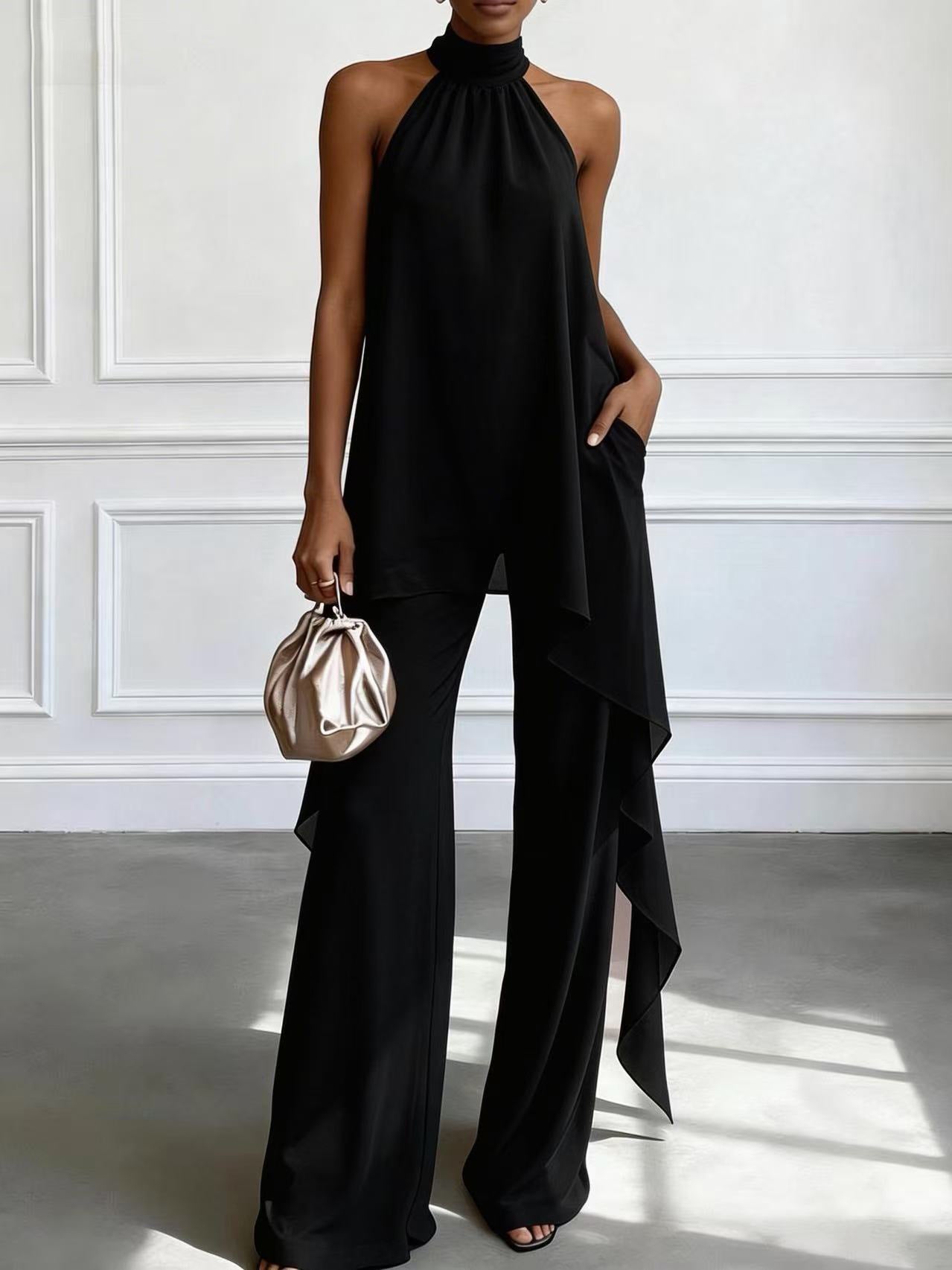 Womens Backless Sleeveless Irregular Top And Pants Two-Piece Set