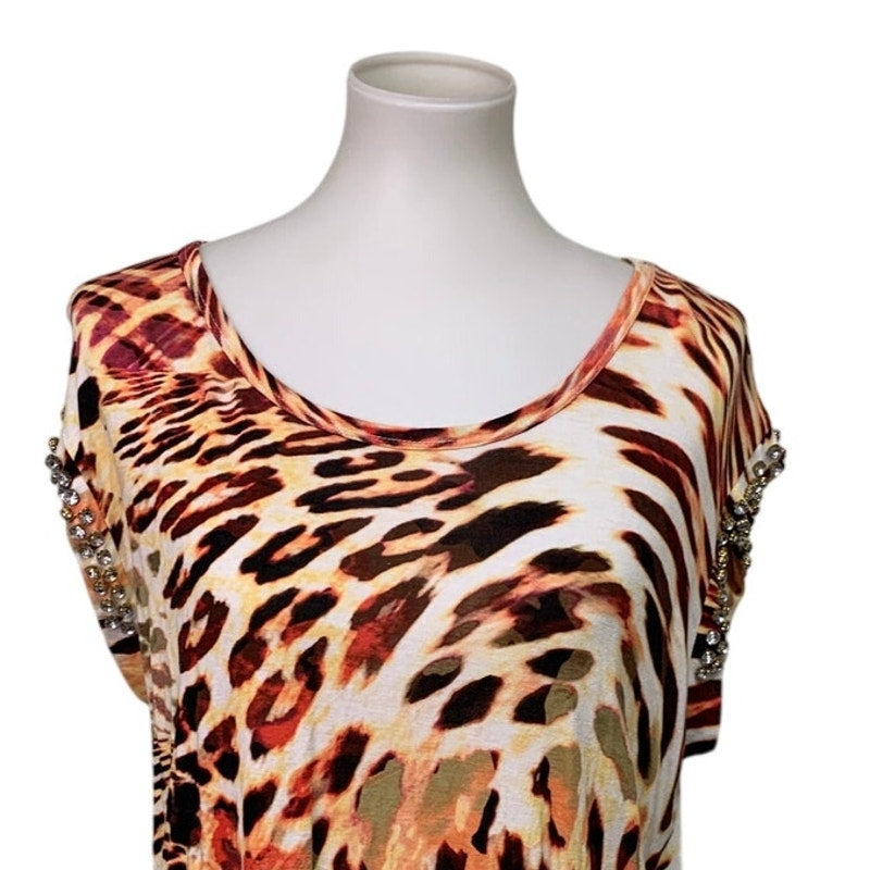 Jennifer Lopez Womens Large 100% Rayon Sleeveless Leopard Print Bejeweled Top
