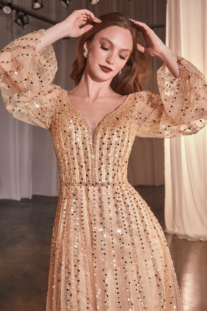 Shimmering V-Neck Long Sleeve A-Line Gown with Sequin Embellishments  CDCD0240
