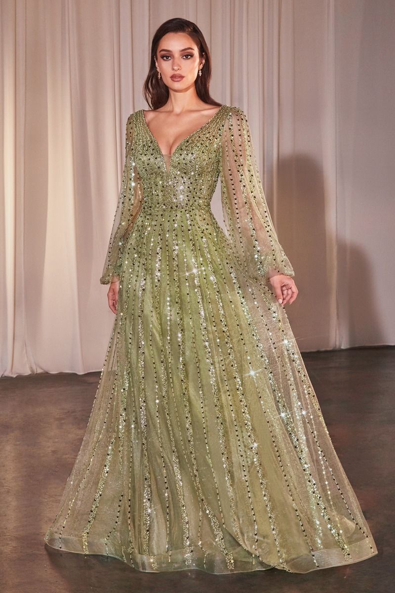Shimmering V-Neck Long Sleeve A-Line Gown with Sequin Embellishments  CDCD0240