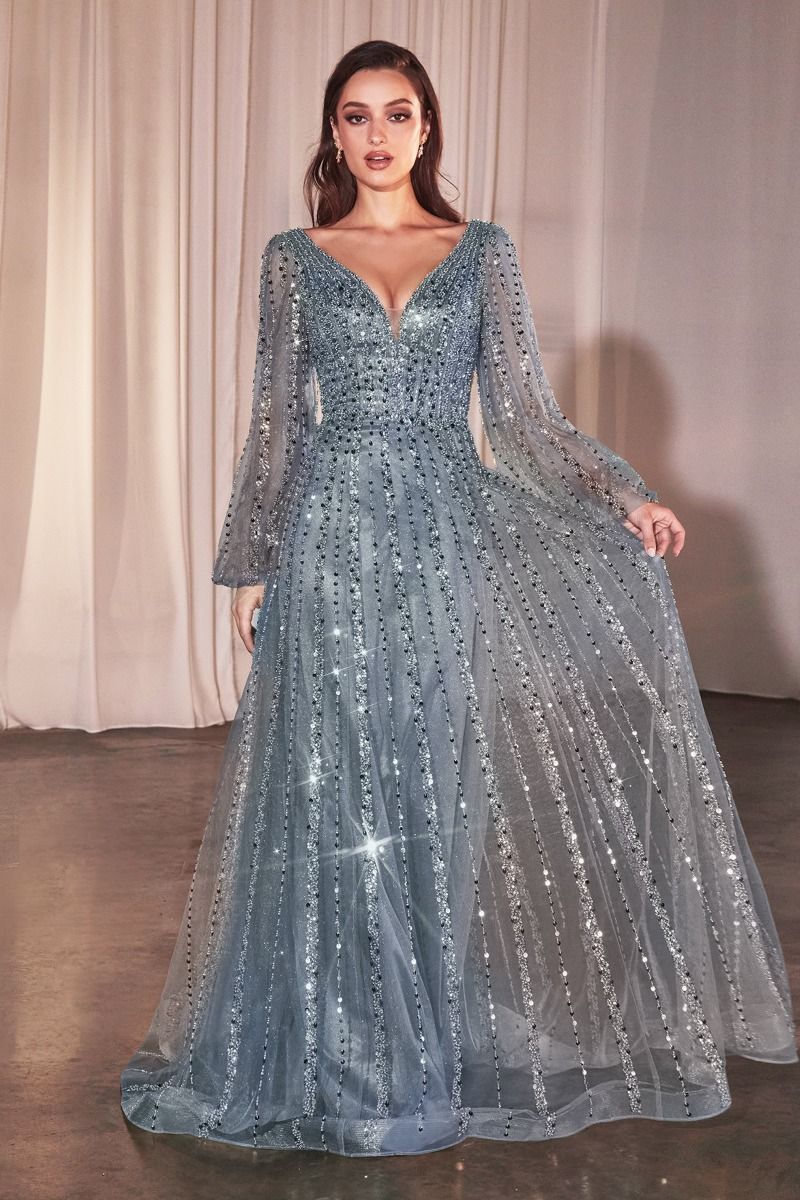 Shimmering V-Neck Long Sleeve A-Line Gown with Sequin Embellishments  CDCD0240