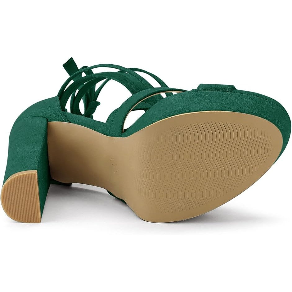 Allegra K Womens Size 8 Green 5.25" Heels Open Round Toe Lace Up Ankle Shoes