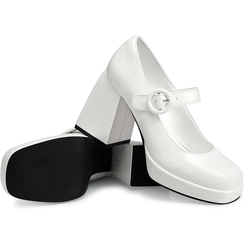 Cellenz Women Size 8.5 White 4" Heels Mary Jane Square Toe Buckle Strap Shoes