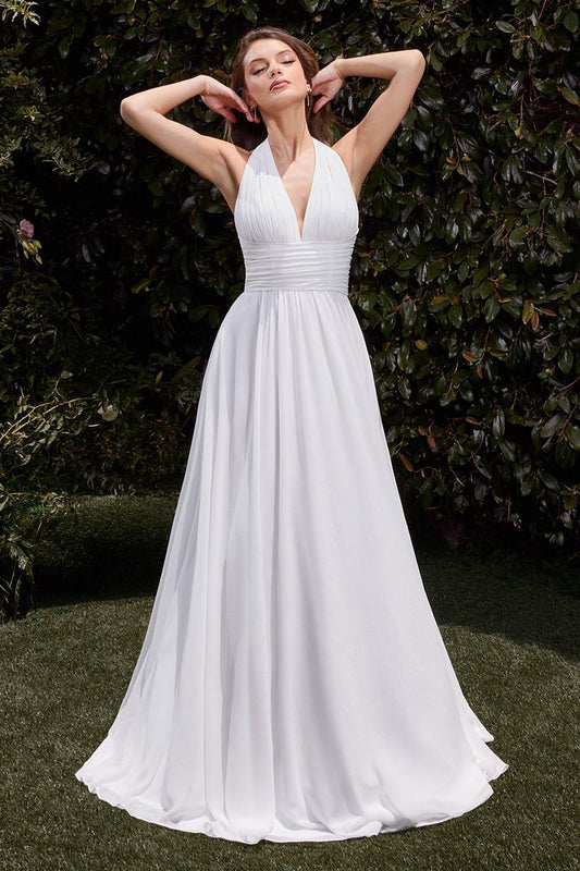 Off White Halter A-Line Bridal Satin Gown w/ Pleated Bodice and Flowing Skirt CDCD372W