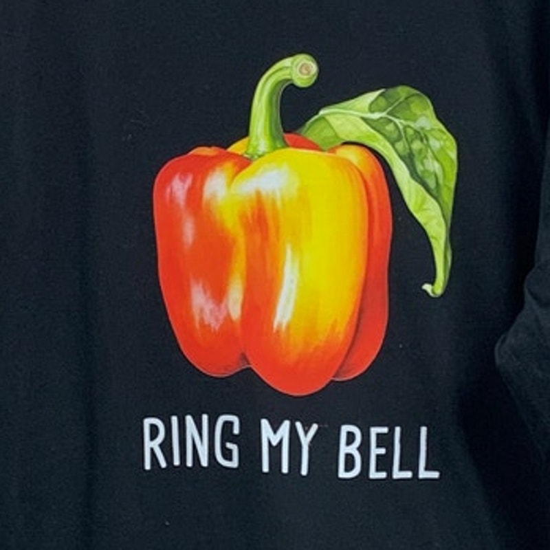 New Hand Printed Womens Large Black Ring My Bell Pepper Long Sleeve Tee Shirt