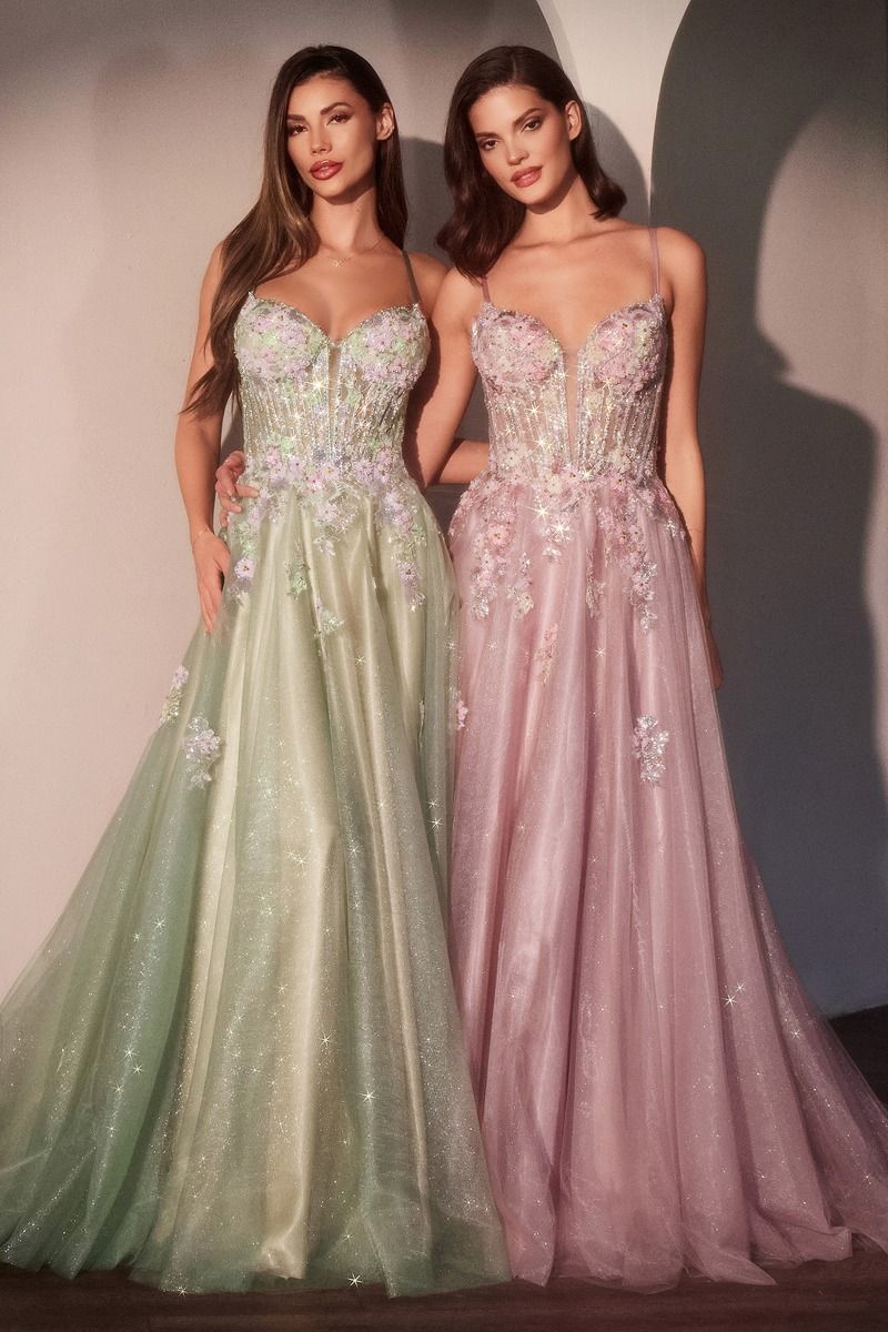 Pastel Glitter Tulle Ball Gown with 3D Floral Corset – Available in Sage Green & Blush Pink CD740