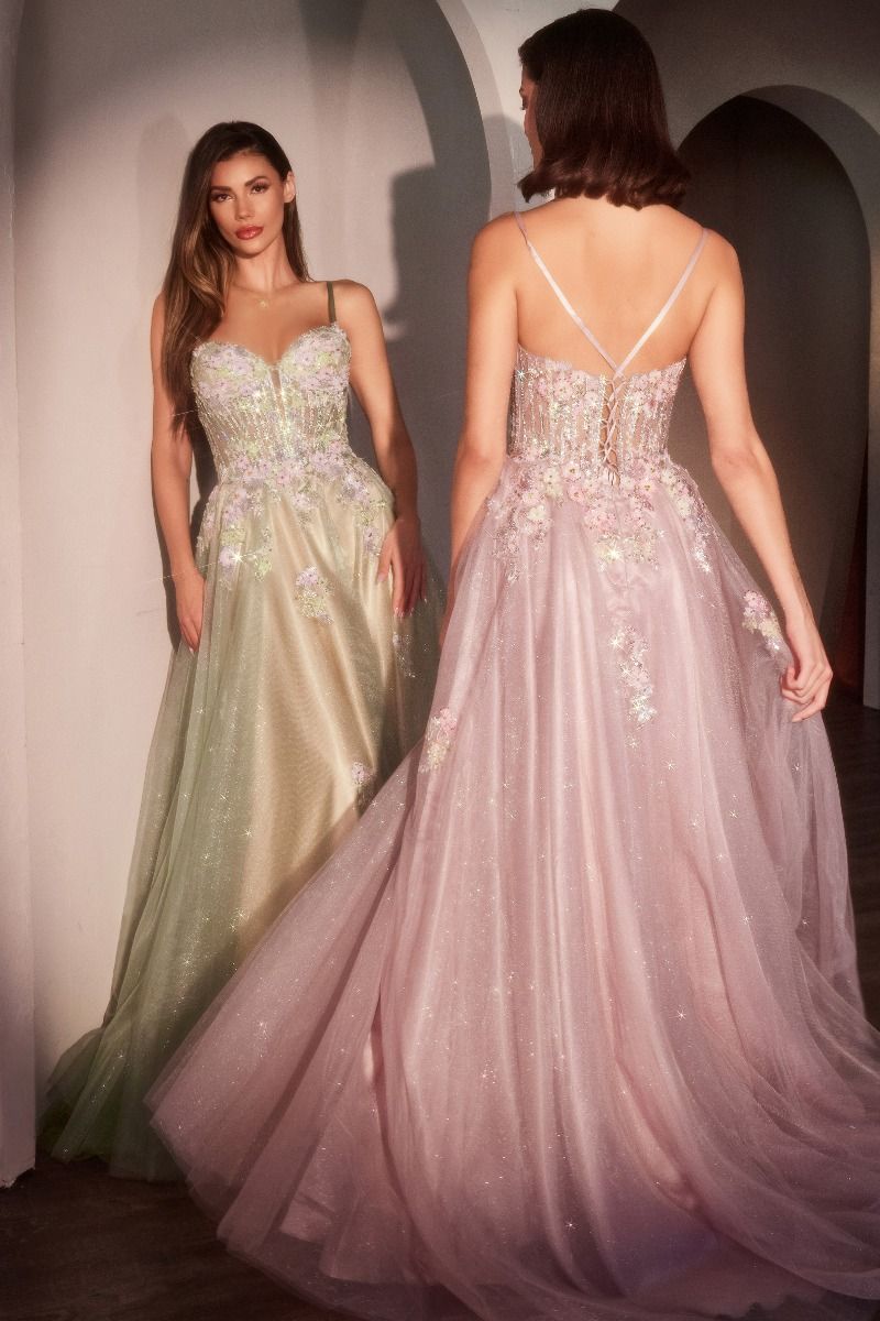 Pastel Glitter Tulle Ball Gown with 3D Floral Corset – Available in Sage Green & Blush Pink CD740