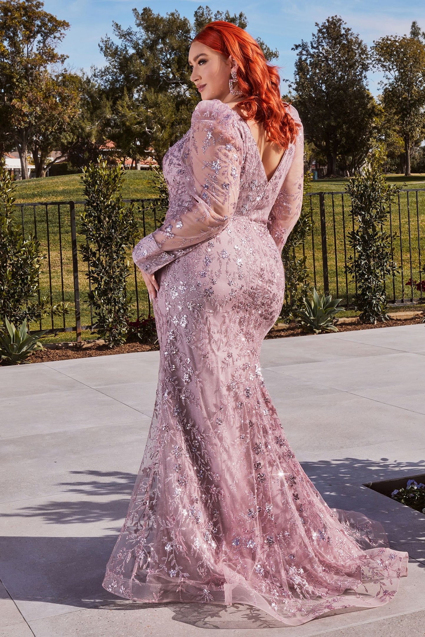 Emerald Green & Mauve Long Sleeve Embroidered Gown | Elegant Modest Formal Dress with V-Neckline  CDCD989