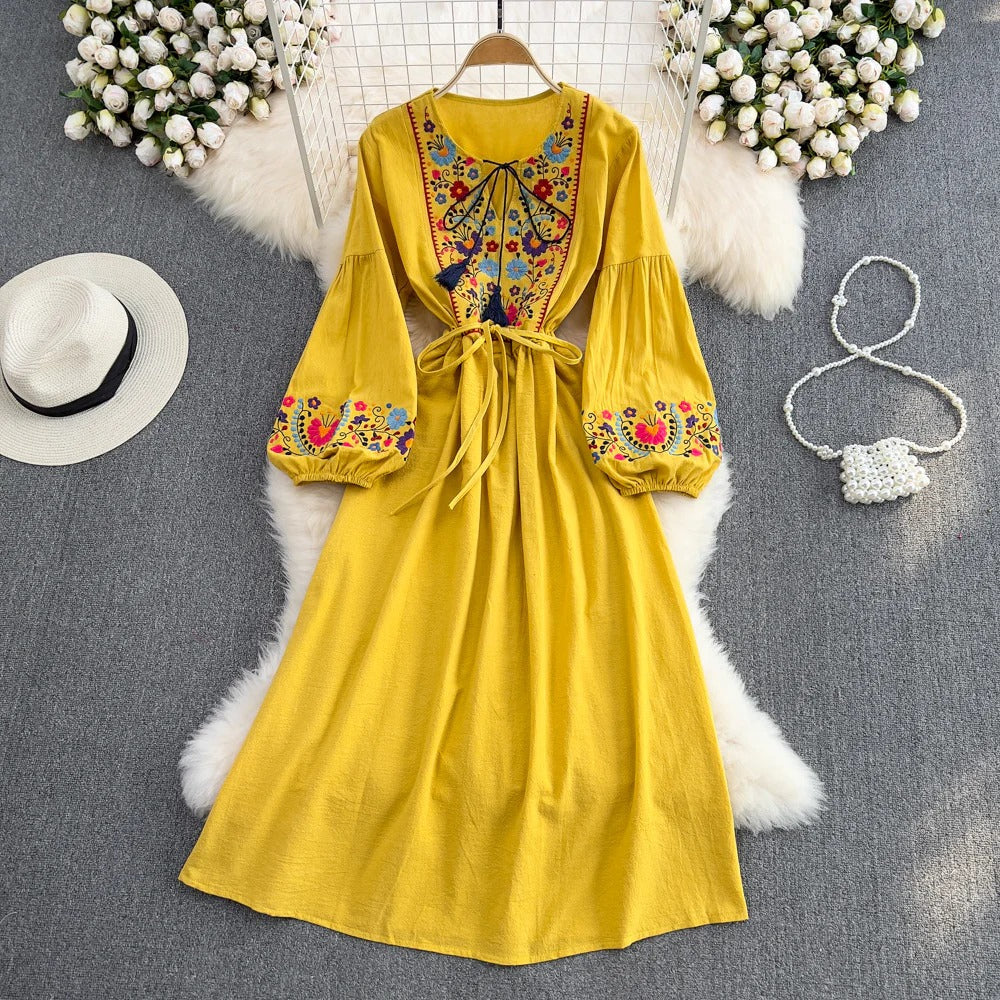 Bohemian Embroidery Fringe Tie-Waist Dress – Relaxed A-Line Maxi, Beach Vacation Flowing Gown