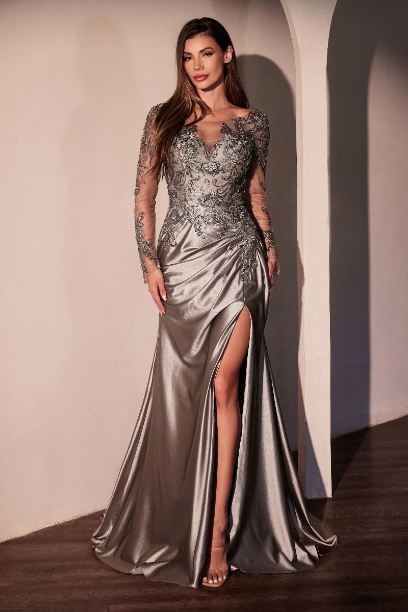 Long Stretch Satin Special Occasion Gown w/ Floral Lace Embroidery & Gathered Waistline CDS505