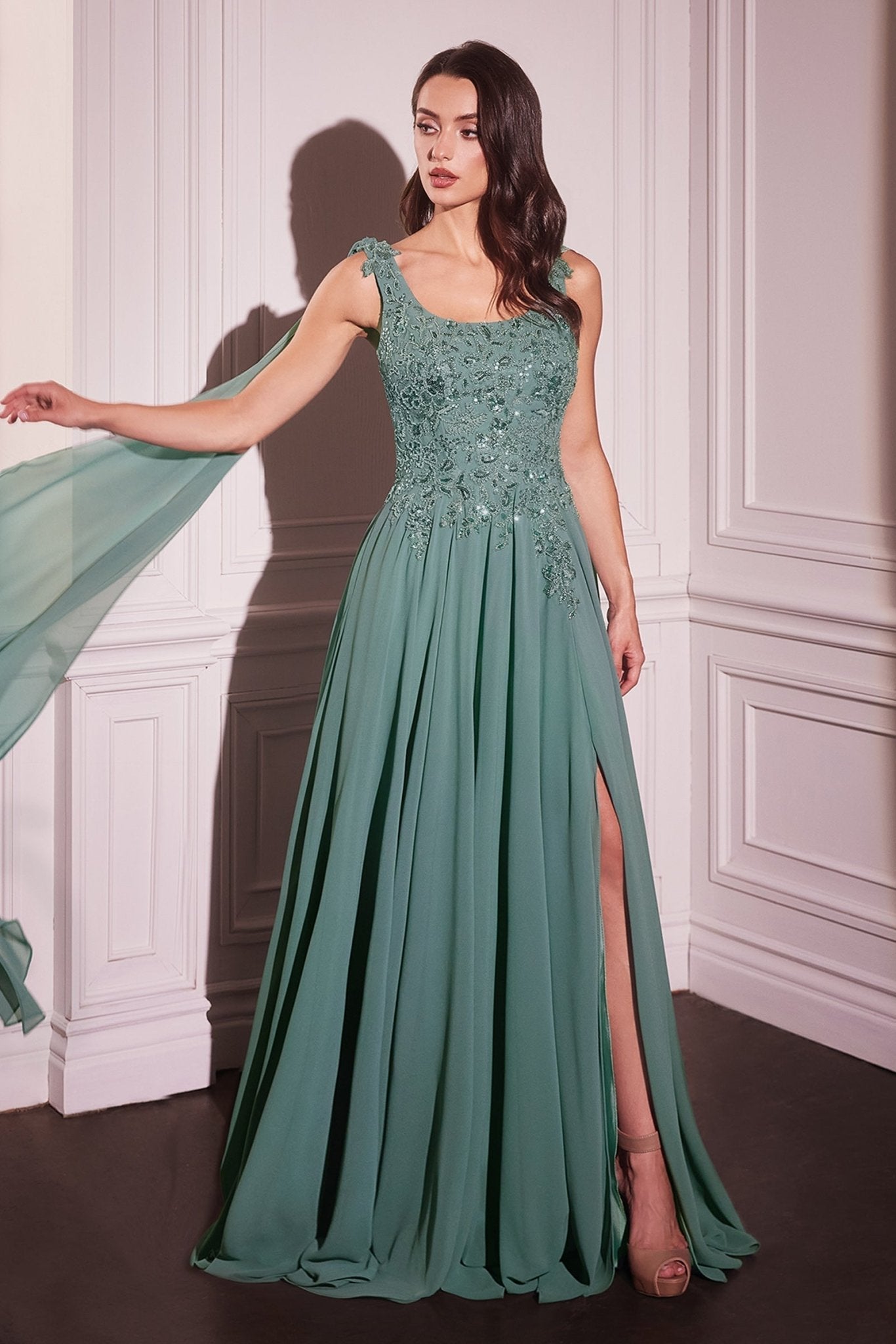 Sage Green Chiffon Gown with Embroidered Bodice and Side Slit  CDCDS509