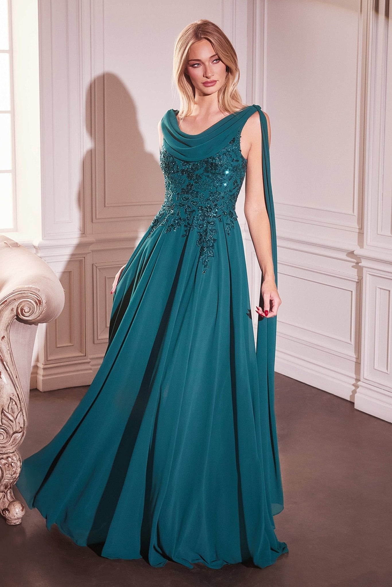 Sage Green Chiffon Gown with Embroidered Bodice and Side Slit  CDCDS509