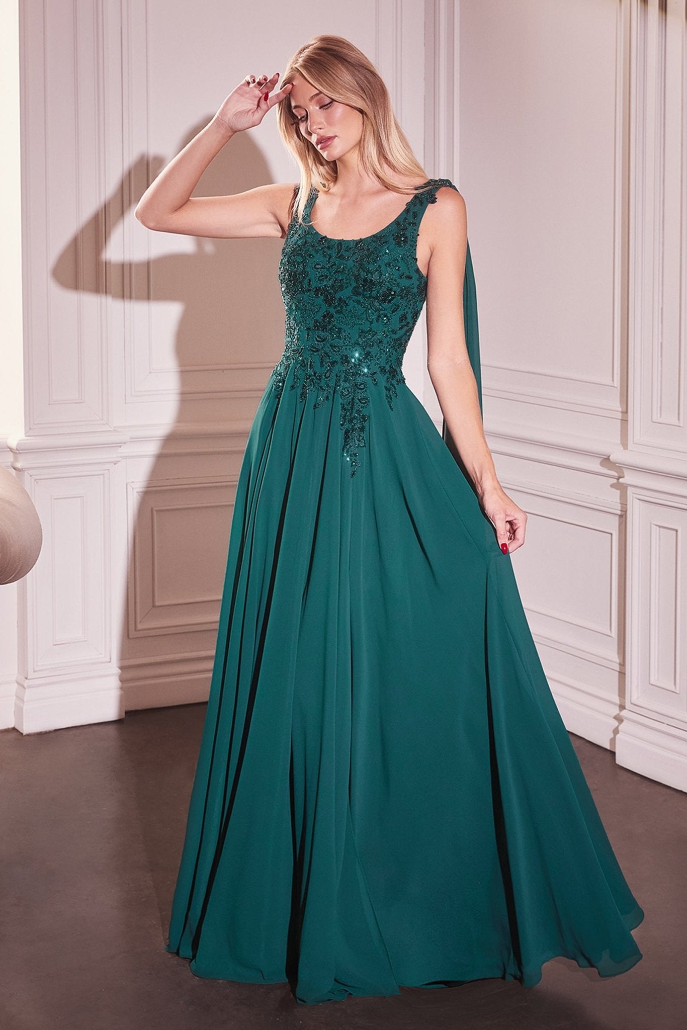 Sage Green Chiffon Gown with Embroidered Bodice and Side Slit  CDCDS509
