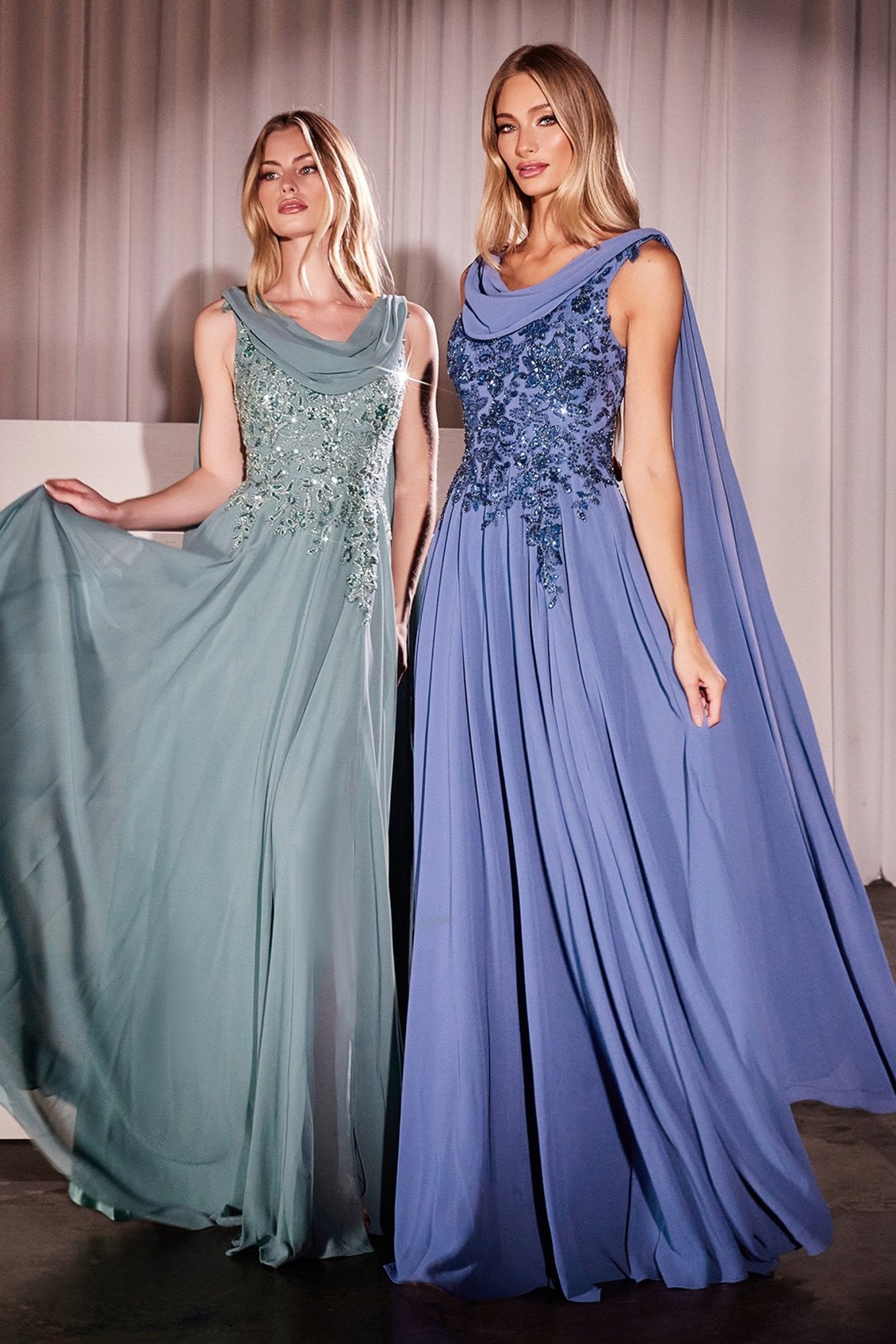 Sage Green Chiffon Gown with Embroidered Bodice and Side Slit  CDCDS509