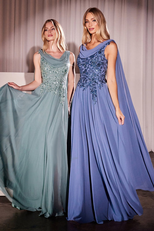 Sage Green Chiffon Gown with Embroidered Bodice and Side Slit  CDCDS509