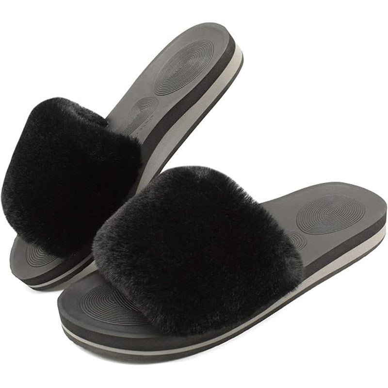 New Coface Womens Size 8 Black Fuzzy Slides Open Round Toe Sandal House Shoes